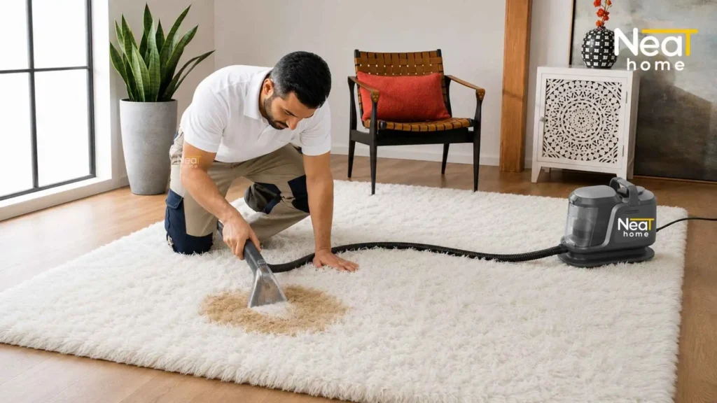 A man cleaning white premium whool carpet steam cleaning in islamabad